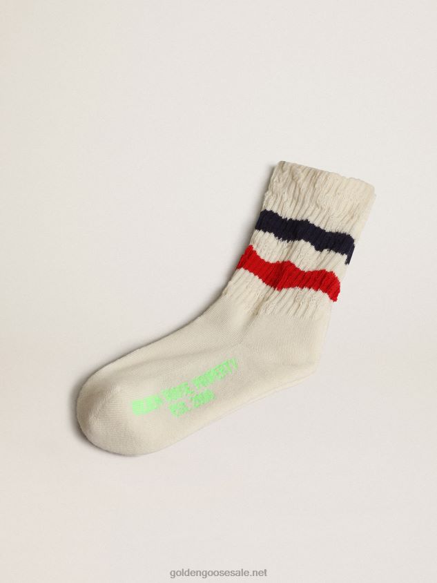 Socks in distressed-finish white cotton with red and navy stripes FN20N883 Kids Golden Goose