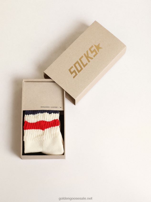 Socks in distressed-finish white cotton with red and navy stripes FN20N883 Kids Golden Goose