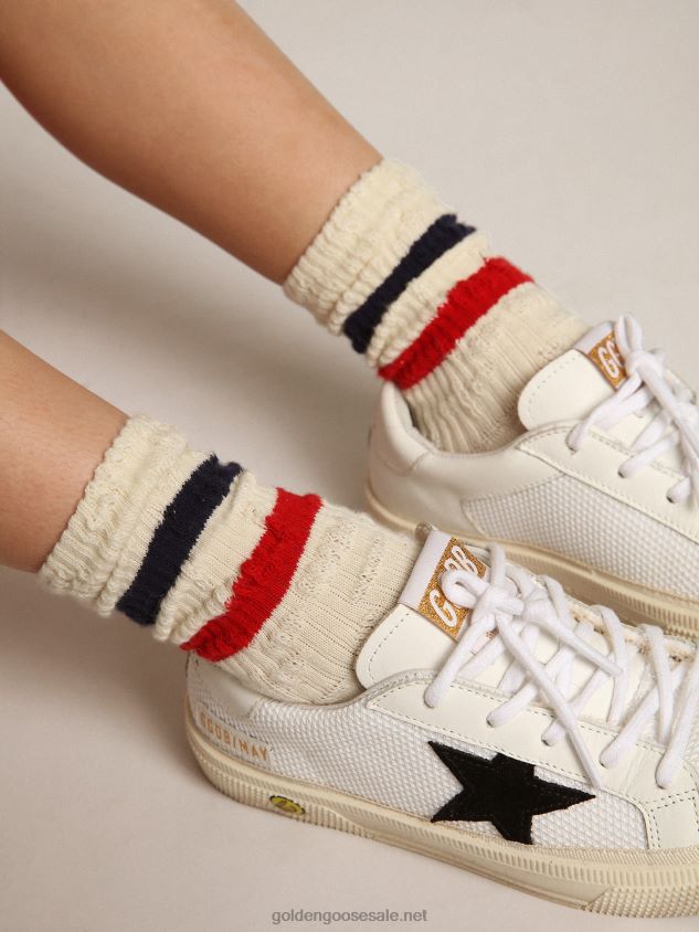 Socks in distressed-finish white cotton with red and navy stripes FN20N883 Kids Golden Goose
