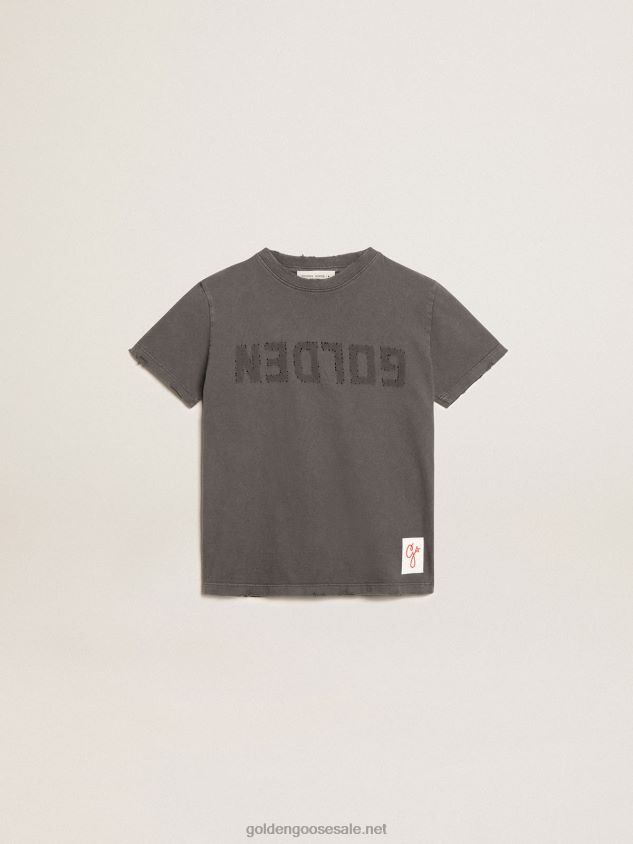Boys' T-shirt in gray with distressed treatment FN20N896Golden Goose