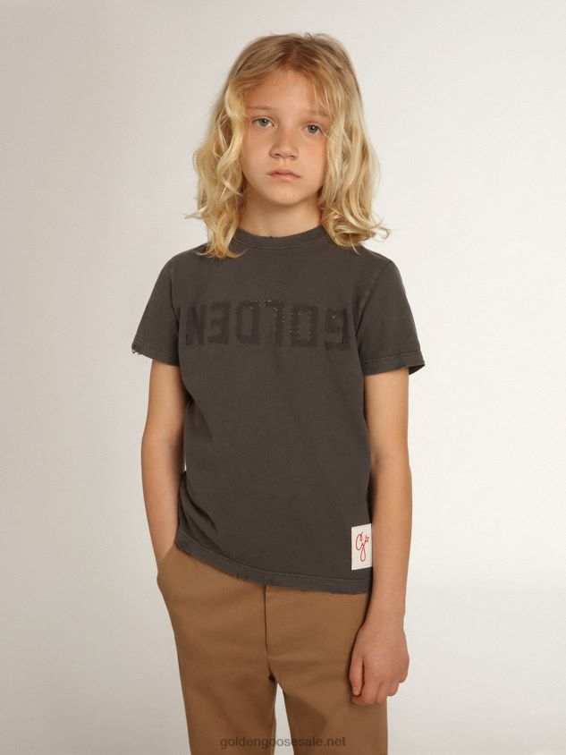 Boys\' T-shirt in gray with distressed treatment FN20N896Golden Goose