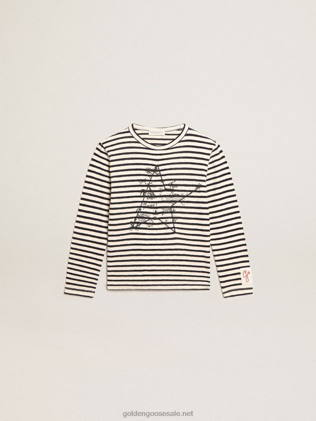 Boys' T-shirt with white and blue stripes and embroidery on the front FN20N908Golden Goose