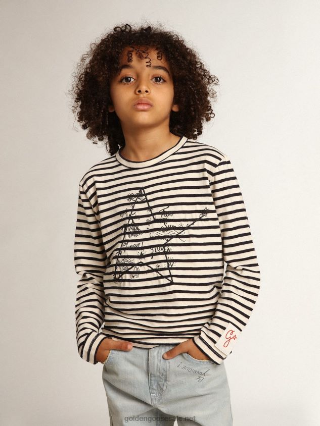 Boys\' T-shirt with white and blue stripes and embroidery on the front FN20N908Golden Goose