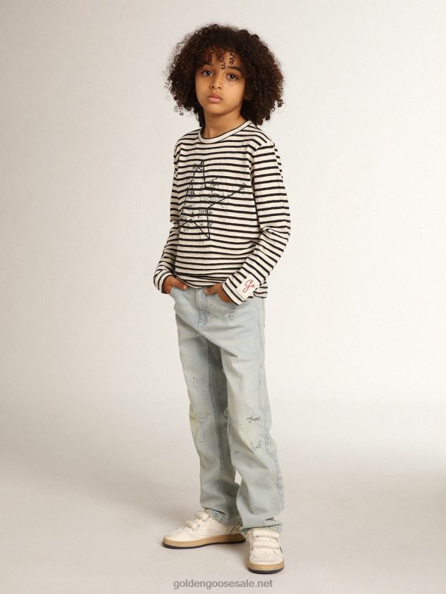 Boys\' T-shirt with white and blue stripes and embroidery on the front FN20N908Golden Goose