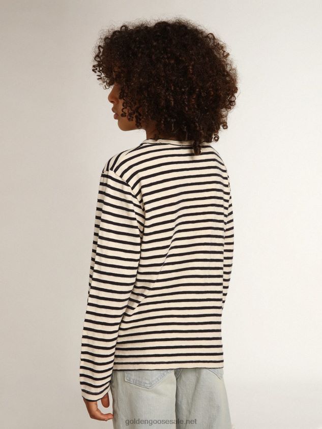 Boys\' T-shirt with white and blue stripes and embroidery on the front FN20N908Golden Goose