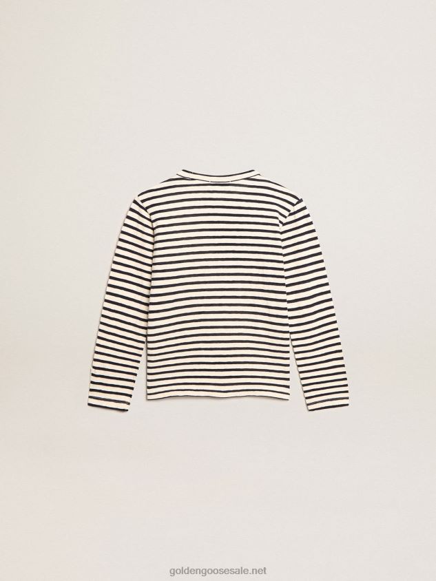 Boys\' T-shirt with white and blue stripes and embroidery on the front FN20N908Golden Goose