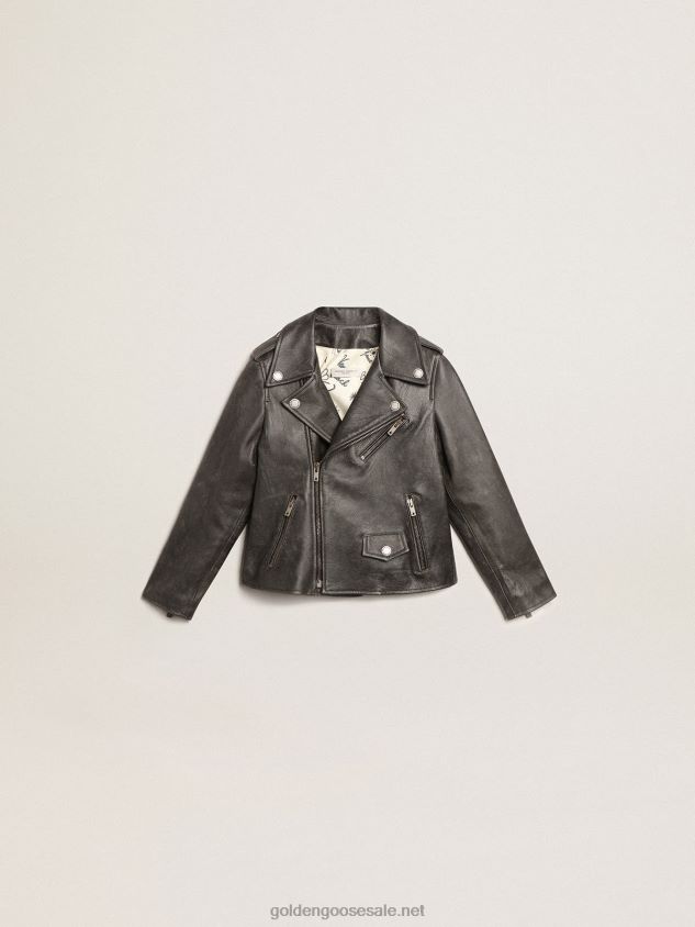 Boys' biker jacket in distressed leather FN20N909Golden Goose