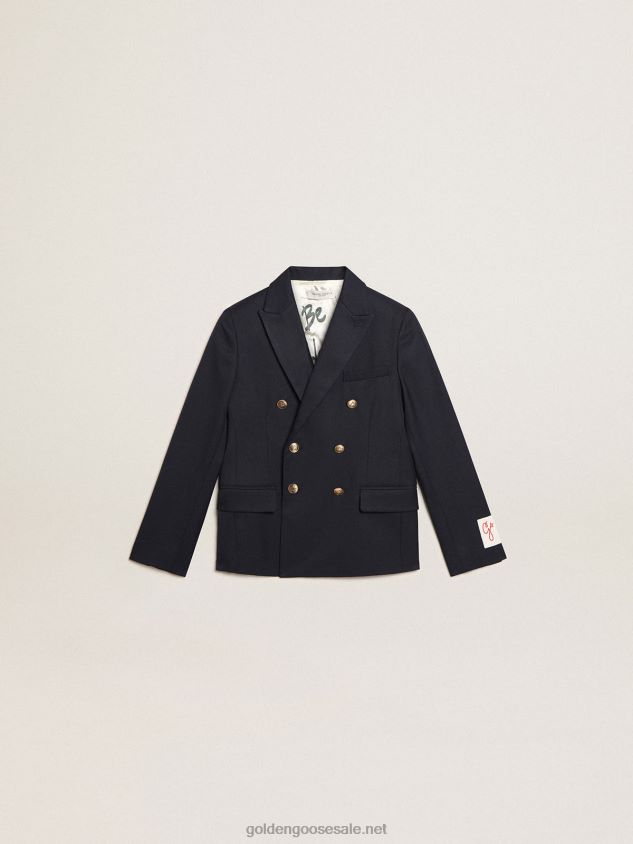 Boys' dark blue double-breasted buttoned blazer FN20N907Golden Goose
