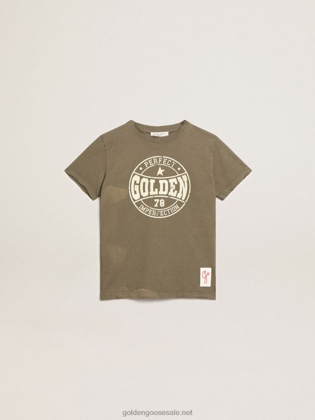 Boys' olive-green T-shirt with printed white logo in the center FN20N892Golden Goose
