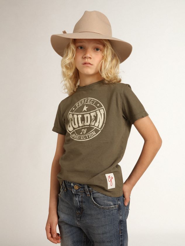 Boys\' olive-green T-shirt with printed white logo in the center FN20N892Golden Goose