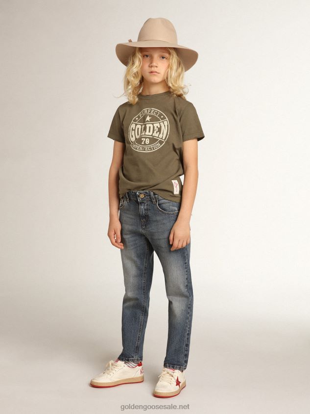 Boys\' olive-green T-shirt with printed white logo in the center FN20N892Golden Goose