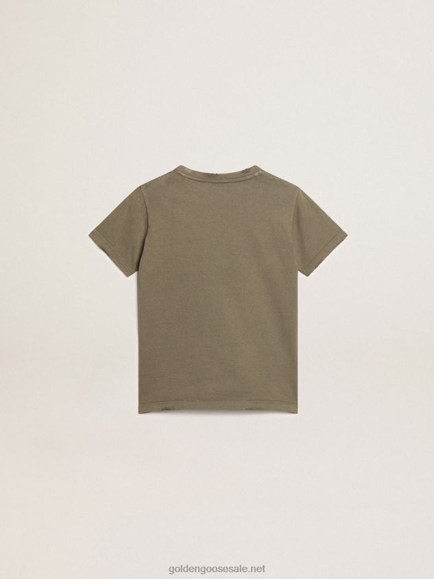 Boys\' olive-green T-shirt with printed white logo in the center FN20N892Golden Goose