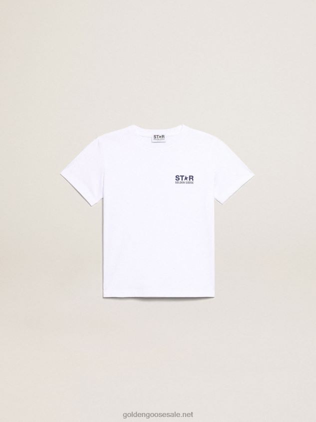 Boys' white T-shirt with contrasting dark blue logo and star FN20N893Golden Goose