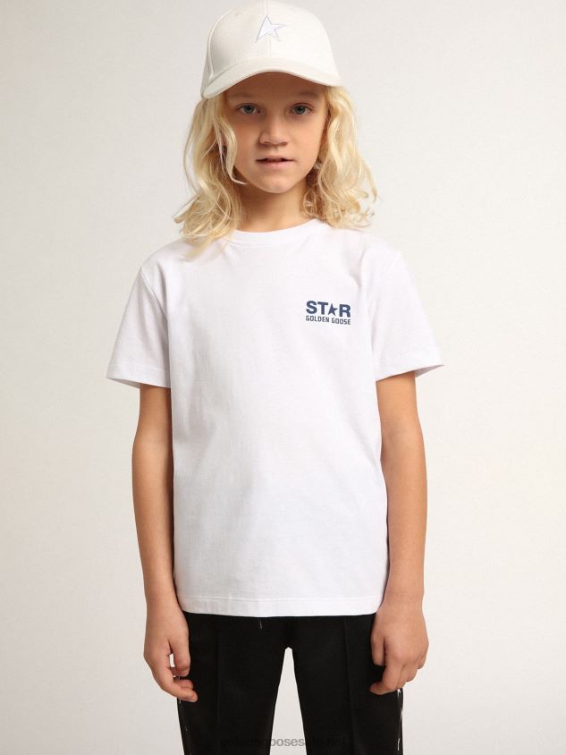 Boys\' white T-shirt with contrasting dark blue logo and star FN20N893Golden Goose