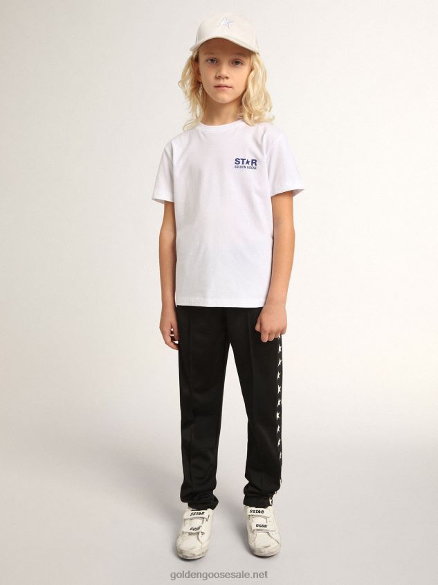 Boys\' white T-shirt with contrasting dark blue logo and star FN20N893Golden Goose