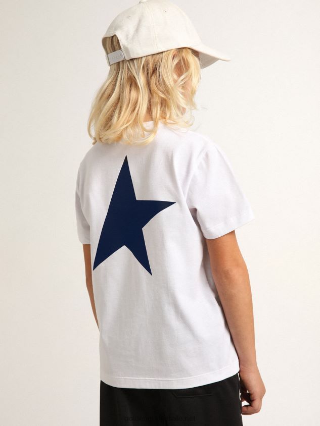 Boys\' white T-shirt with contrasting dark blue logo and star FN20N893Golden Goose