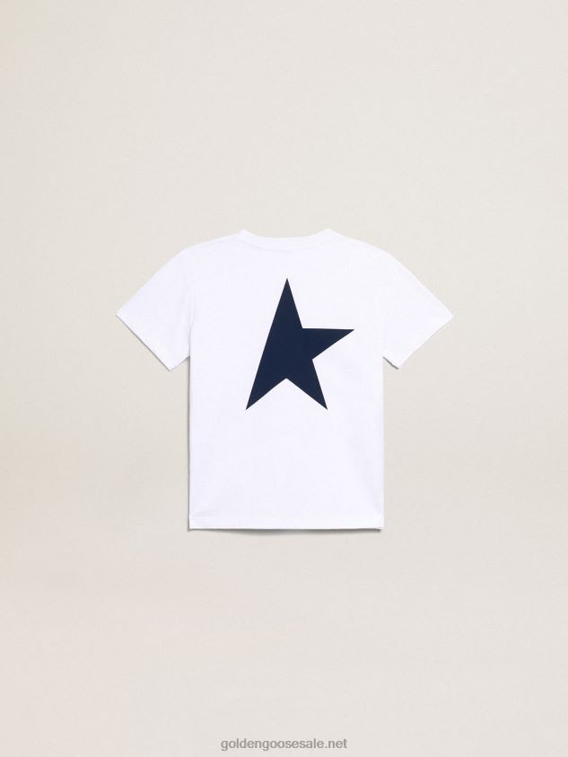 Boys\' white T-shirt with contrasting dark blue logo and star FN20N893Golden Goose