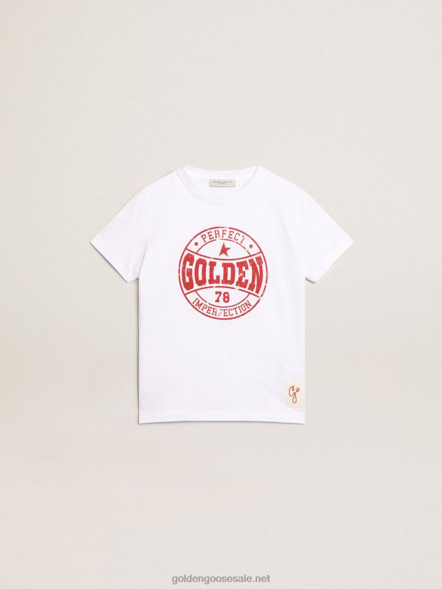 Boys' white T-shirt with printed red logo in the center FN20N902Golden Goose