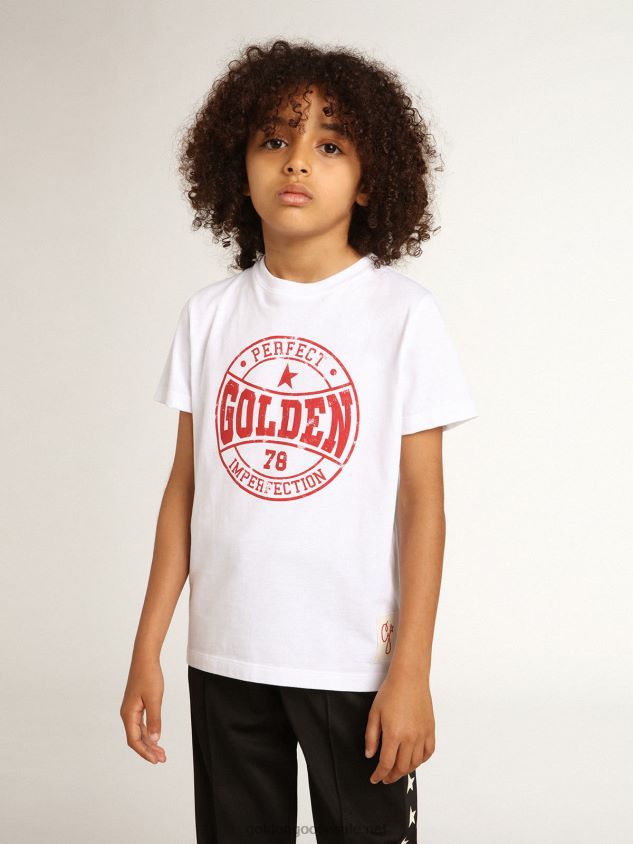 Boys\' white T-shirt with printed red logo in the center FN20N902Golden Goose