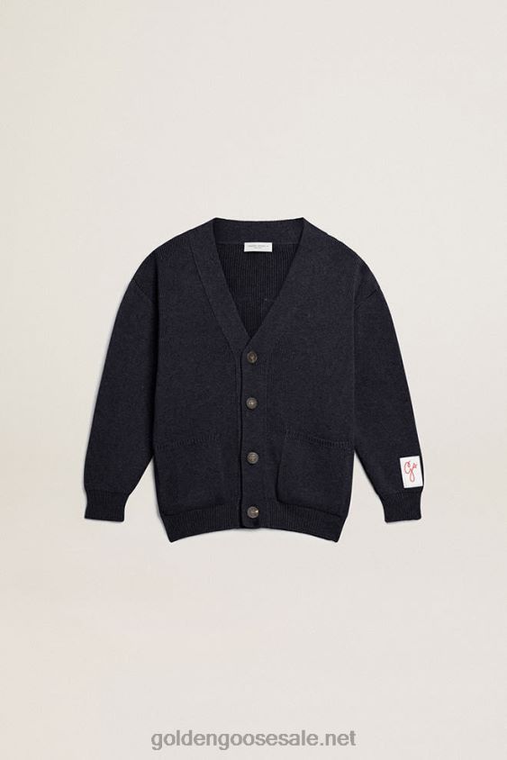 Dark blue cotton cardigan with logo on the back FN20N891 Kids Golden Goose