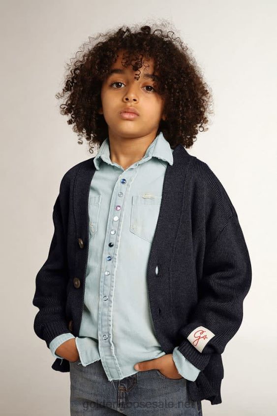 Dark blue cotton cardigan with logo on the back FN20N891 Kids Golden Goose