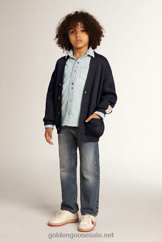 Dark blue cotton cardigan with logo on the back FN20N891 Kids Golden Goose