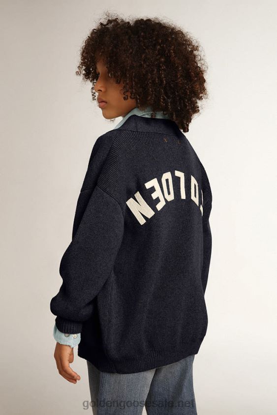 Dark blue cotton cardigan with logo on the back FN20N891 Kids Golden Goose