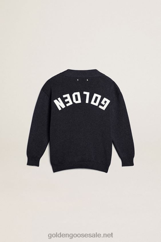 Dark blue cotton cardigan with logo on the back FN20N891 Kids Golden Goose