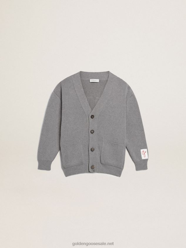 Gray cotton cardigan with logo on the back FN20N895 Kids Golden Goose
