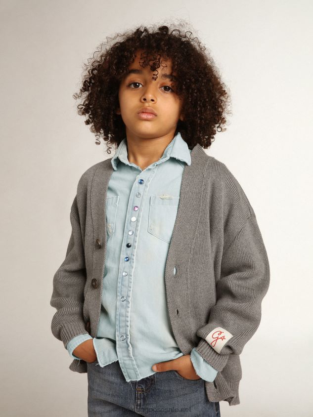 Gray cotton cardigan with logo on the back FN20N895 Kids Golden Goose
