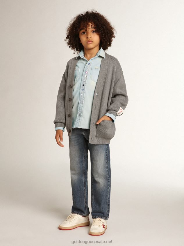 Gray cotton cardigan with logo on the back FN20N895 Kids Golden Goose