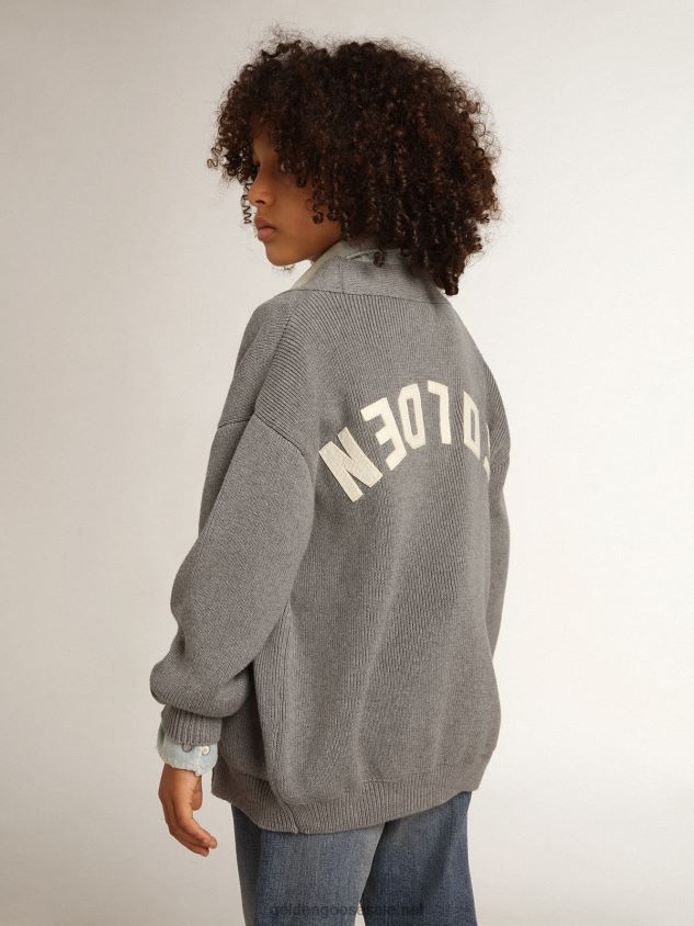 Gray cotton cardigan with logo on the back FN20N895 Kids Golden Goose