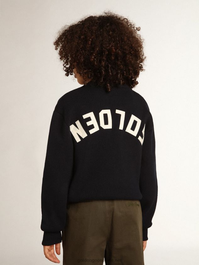Round-neck sweater in dark blue cotton FN20N897 Kids Golden Goose
