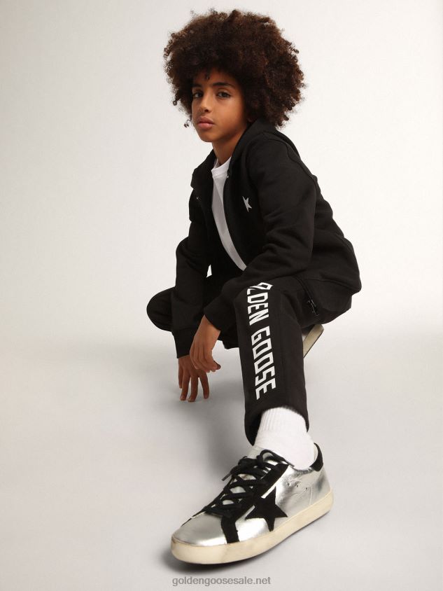 Black Star Collection hooded sweatshirt with contrasting white star and logo FN20N900 Kids Golden Goose