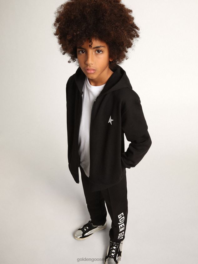 Black Star Collection hooded sweatshirt with contrasting white star and logo FN20N900 Kids Golden Goose