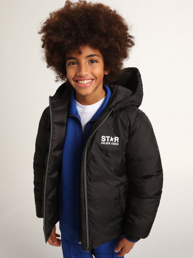 Black Star Collection padded jacket with hood and white maxi star on the back FN20N894 Kids Golden Goose