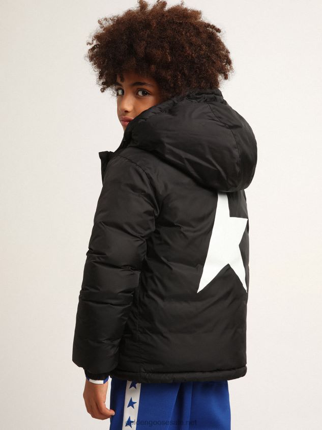 Black Star Collection padded jacket with hood and white maxi star on the back FN20N894 Kids Golden Goose
