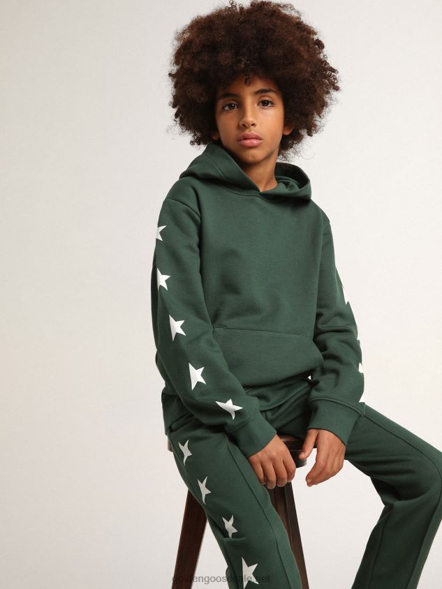 Bright-green Star Collection hooded sweatshirt with contrasting white stars FN20N901 Kids Golden Goose