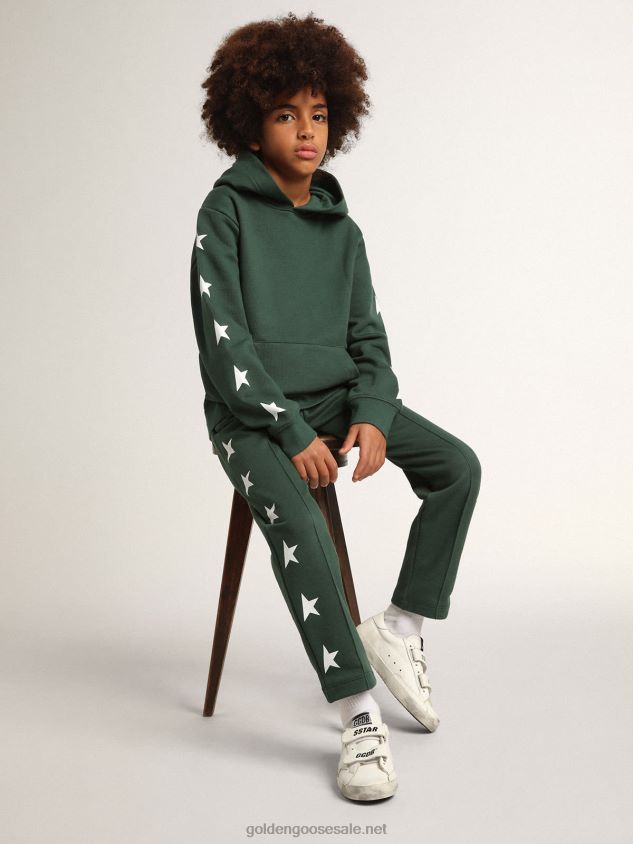 Bright-green Star Collection hooded sweatshirt with contrasting white stars FN20N901 Kids Golden Goose