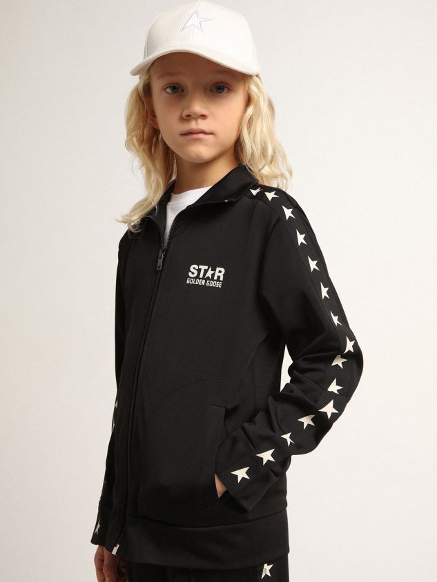 black zipped sweatshirt with contrasting white stars FN20N905 Kids Golden Goose