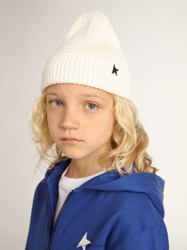Off-white cotton beanie with contrasting black star FN20N898 Kids Golden Goose