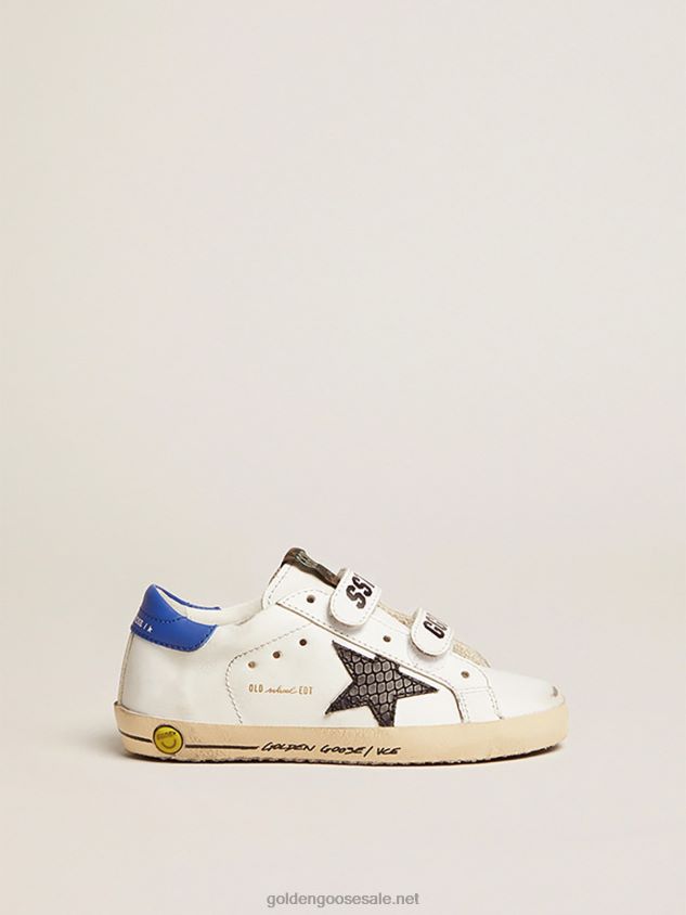 Young Old School sneakers with black snake-print leather star and blue leather heel tab FN20N871 Kids Golden Goose