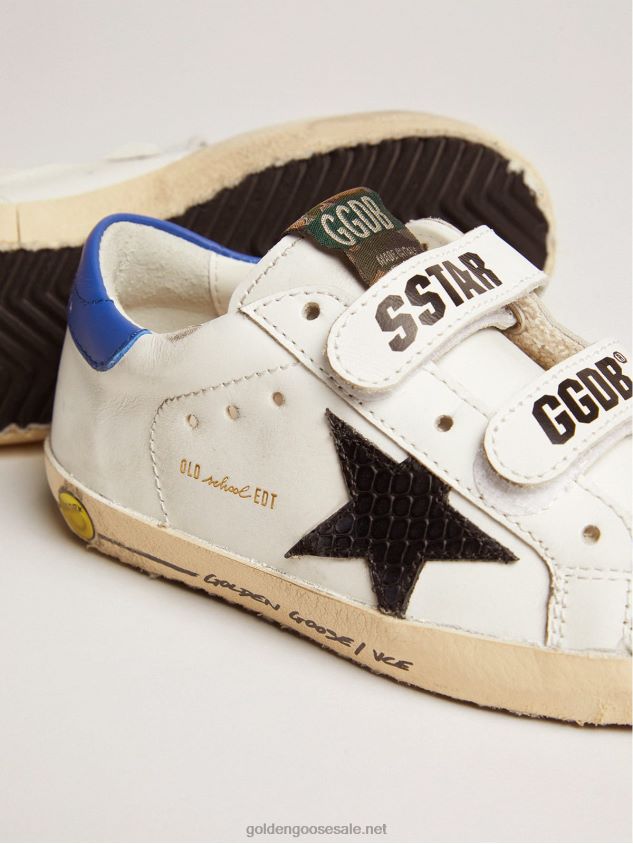Young Old School sneakers with black snake-print leather star and blue leather heel tab FN20N871 Kids Golden Goose