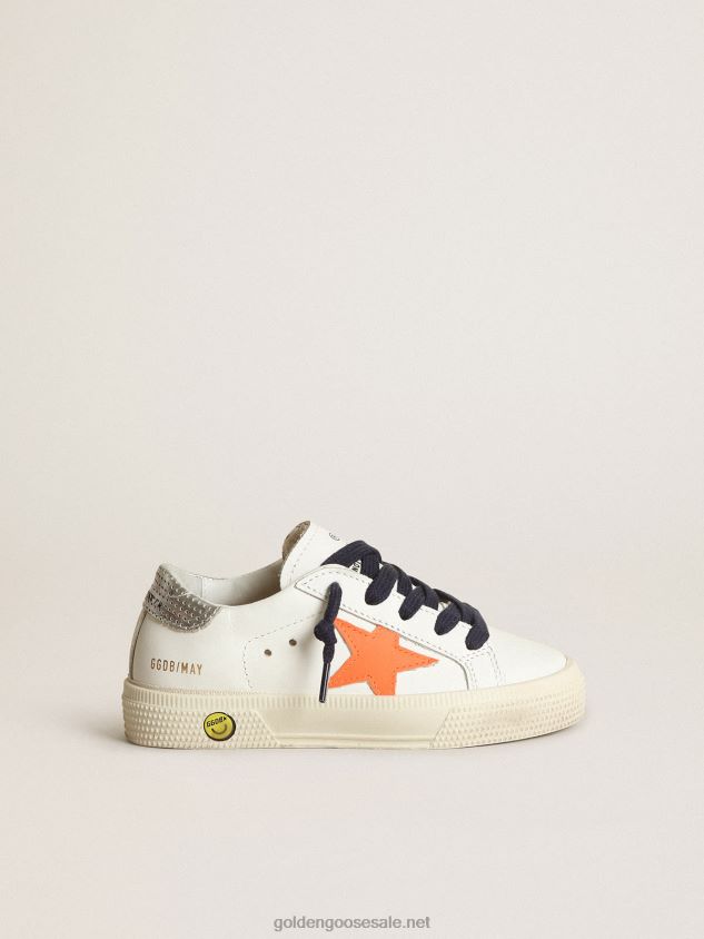 Young May sneakers with fluorescent orange leather star and perforated silver metallic leather heel tab FN20N872 Kids Golden Goose