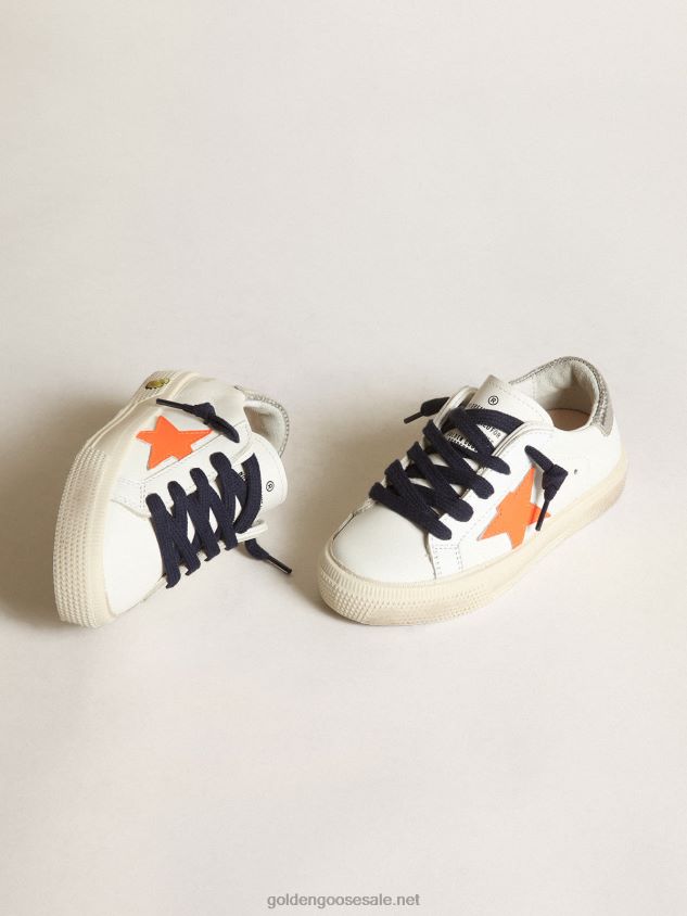 Young May sneakers with fluorescent orange leather star and perforated silver metallic leather heel tab FN20N872 Kids Golden Goose