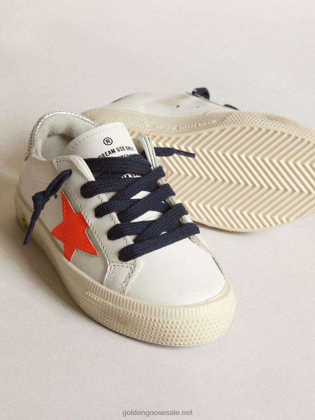 Young May sneakers with fluorescent orange leather star and perforated silver metallic leather heel tab FN20N872 Kids Golden Goose