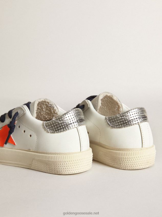 Young May sneakers with fluorescent orange leather star and perforated silver metallic leather heel tab FN20N872 Kids Golden Goose