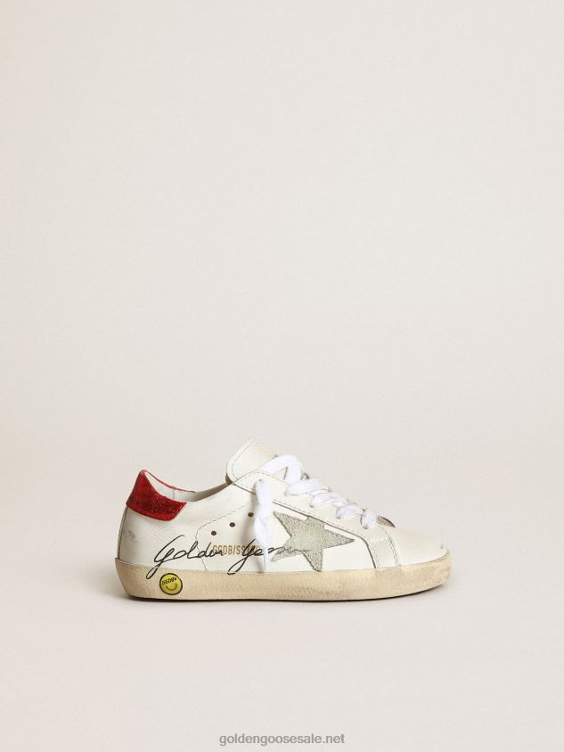 Young Super-Star sneakers with ice-gray suede star and red metallic leather heel tab FN20N869 Kids Golden Goose