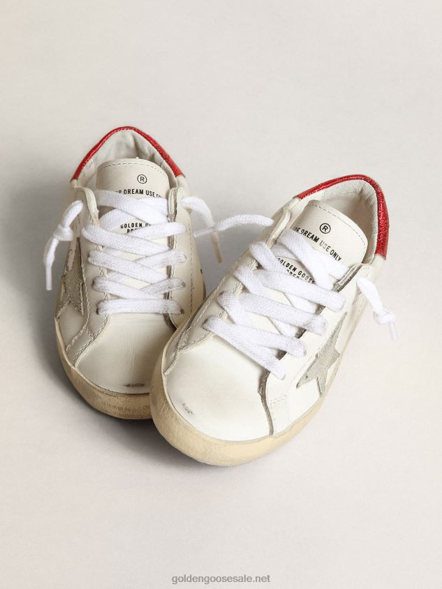 Young Super-Star sneakers with ice-gray suede star and red metallic leather heel tab FN20N869 Kids Golden Goose