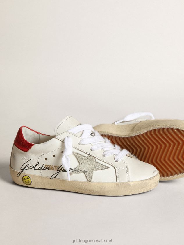 Young Super-Star sneakers with ice-gray suede star and red metallic leather heel tab FN20N869 Kids Golden Goose